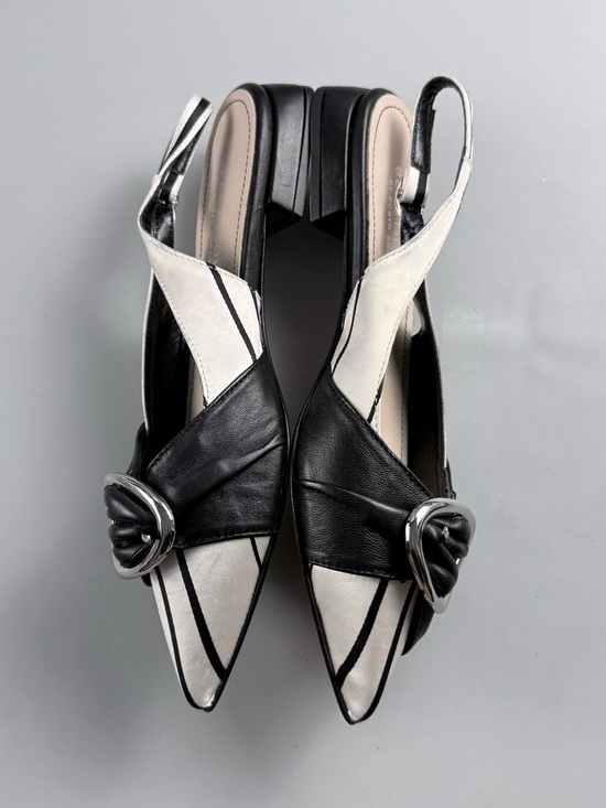 Vero Cuoio Shoes - BeautiSoles Nero Bianco Leather Slingback Pointed Toe Heels EU 37 US 7